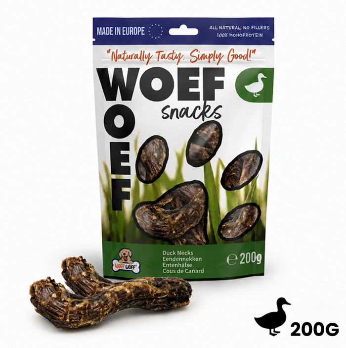 Eendennekken 200 gram, maat M – verpakking natuurlijke hondensnack van Woef Woef
