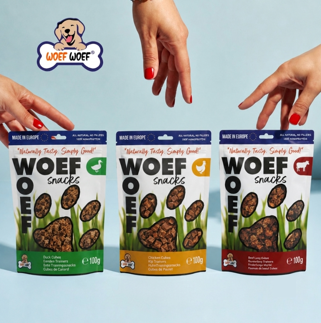 Drie zakken van Hypoallergene hondensnacks van het merk Woef Woef