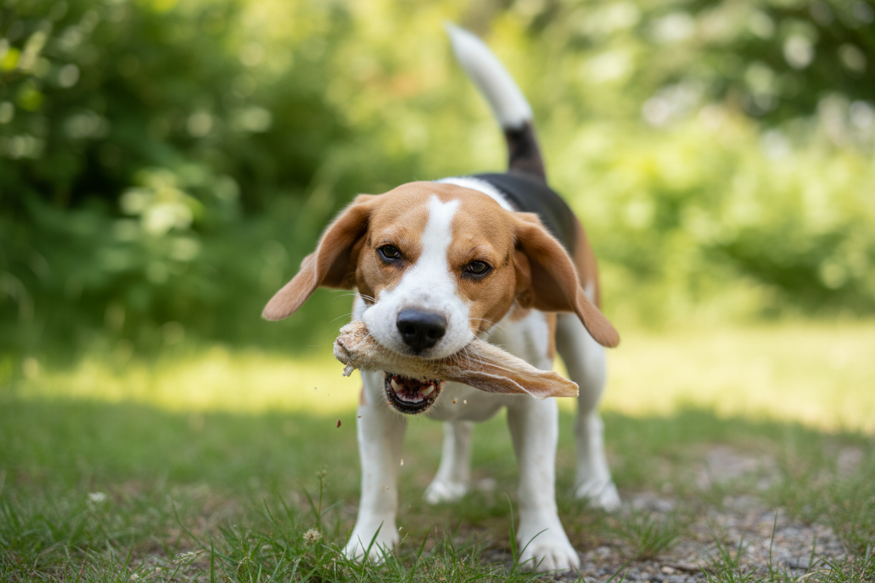Beagle kauwt genietend op een natuurlijk konijnenoor – gezonde snack voor honden van Woef Woef