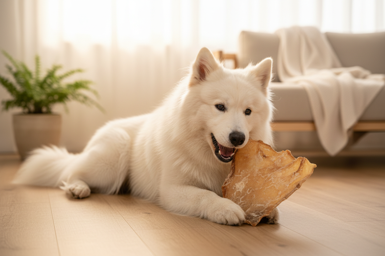 Hond kauwt genietend op een grote natuurlijke runderkophuid plaat – gezonde snack voor honden van Woef Woef