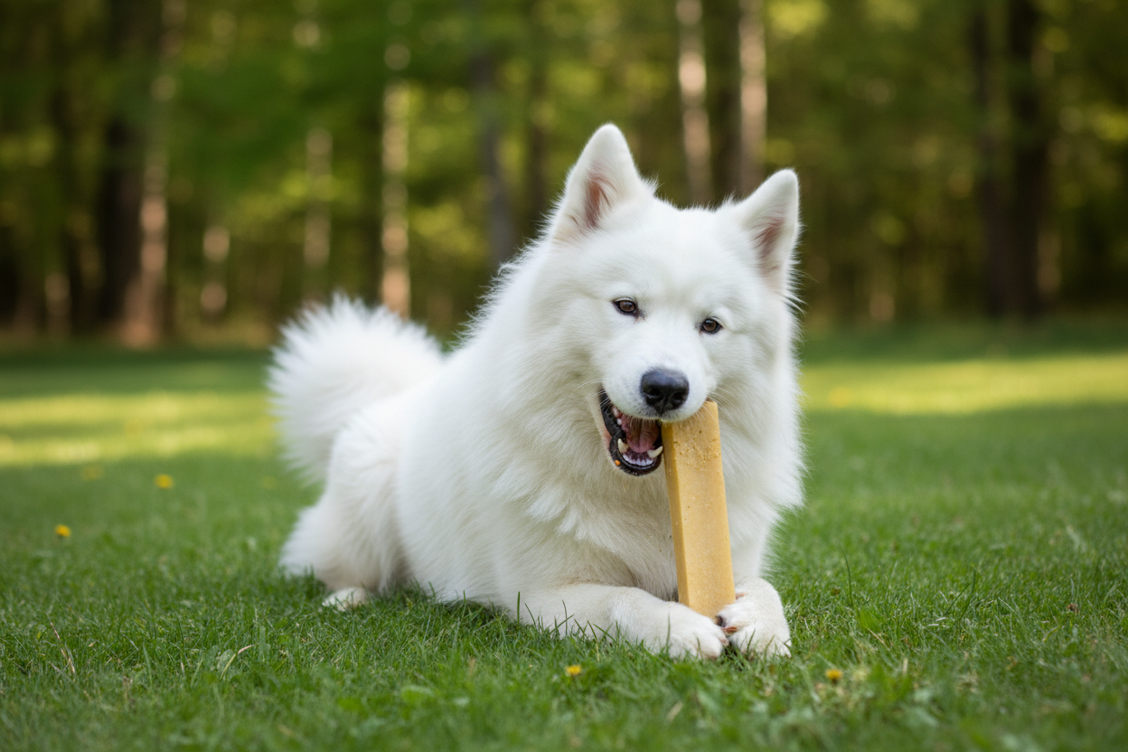 Hond kauwt op een natuurlijke yakstaaf in een groen veld – gezonde kauwsnack voor honden van Woef Woef