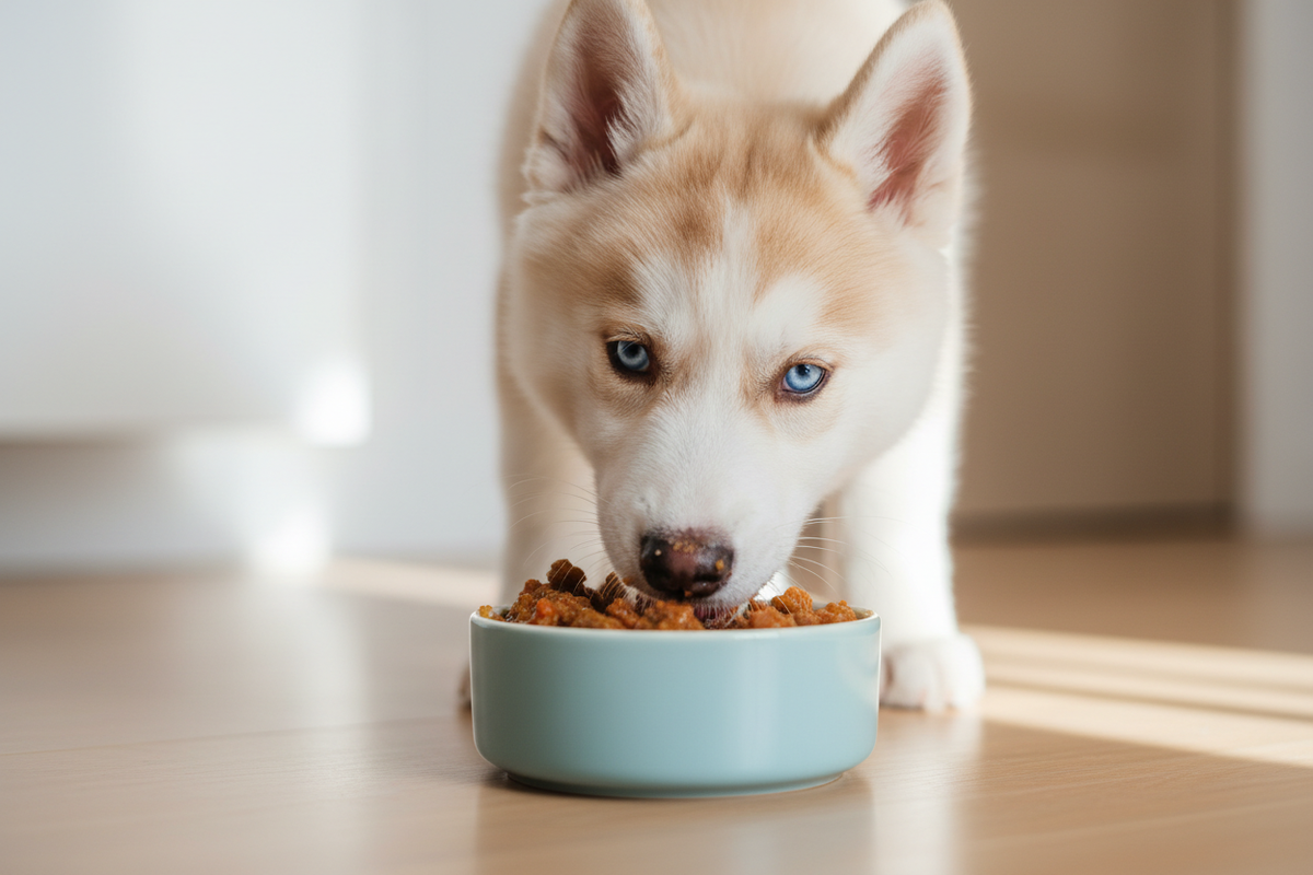 Puppy eet natvoer uit bakje - gezonde puppyvoeding - Woef Woef Snacks