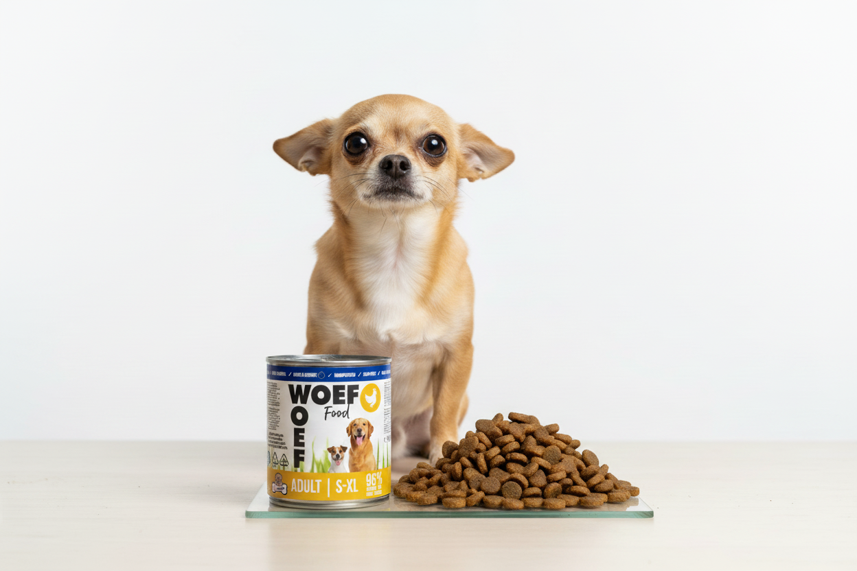Hond kiest tussen natvoer en brokken