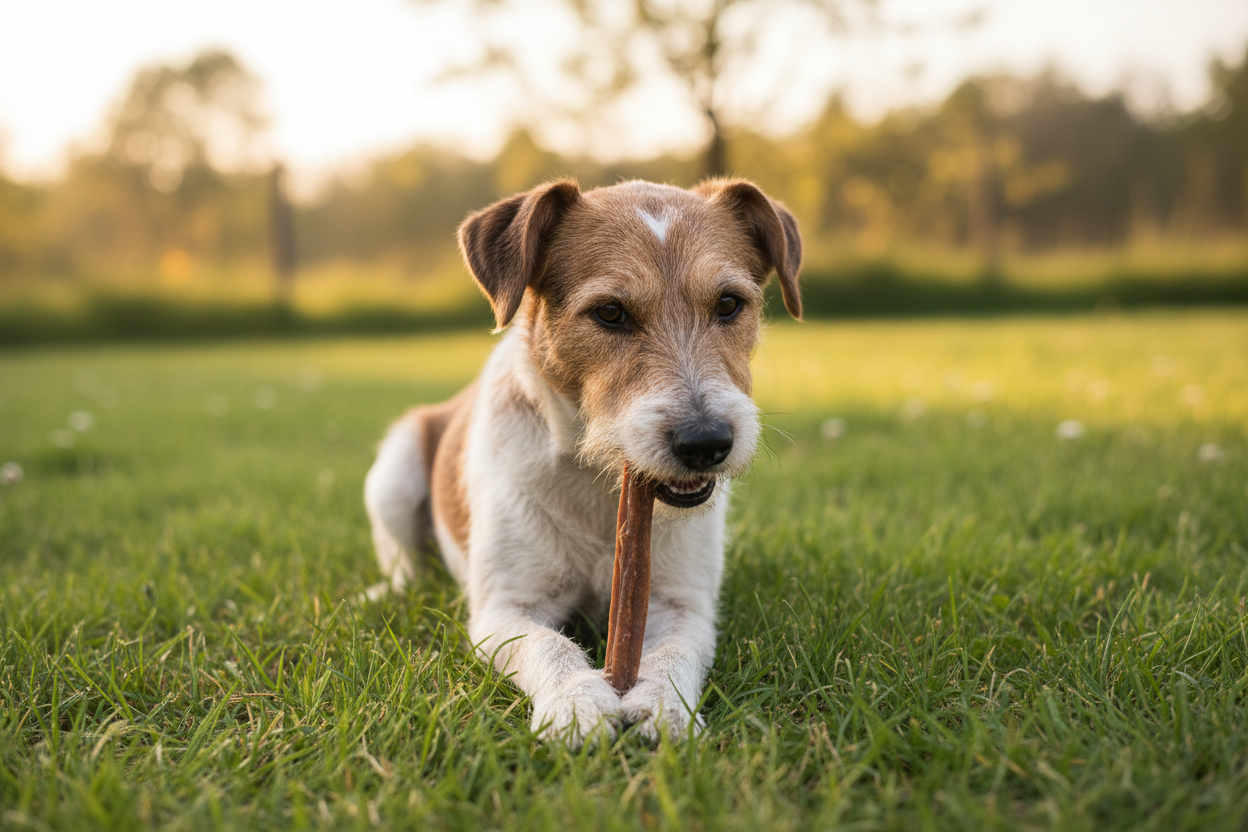 Terrier kauwt op een bullepees in het gras, natuurlijke kauwsnack voor honden van Woef Woef
