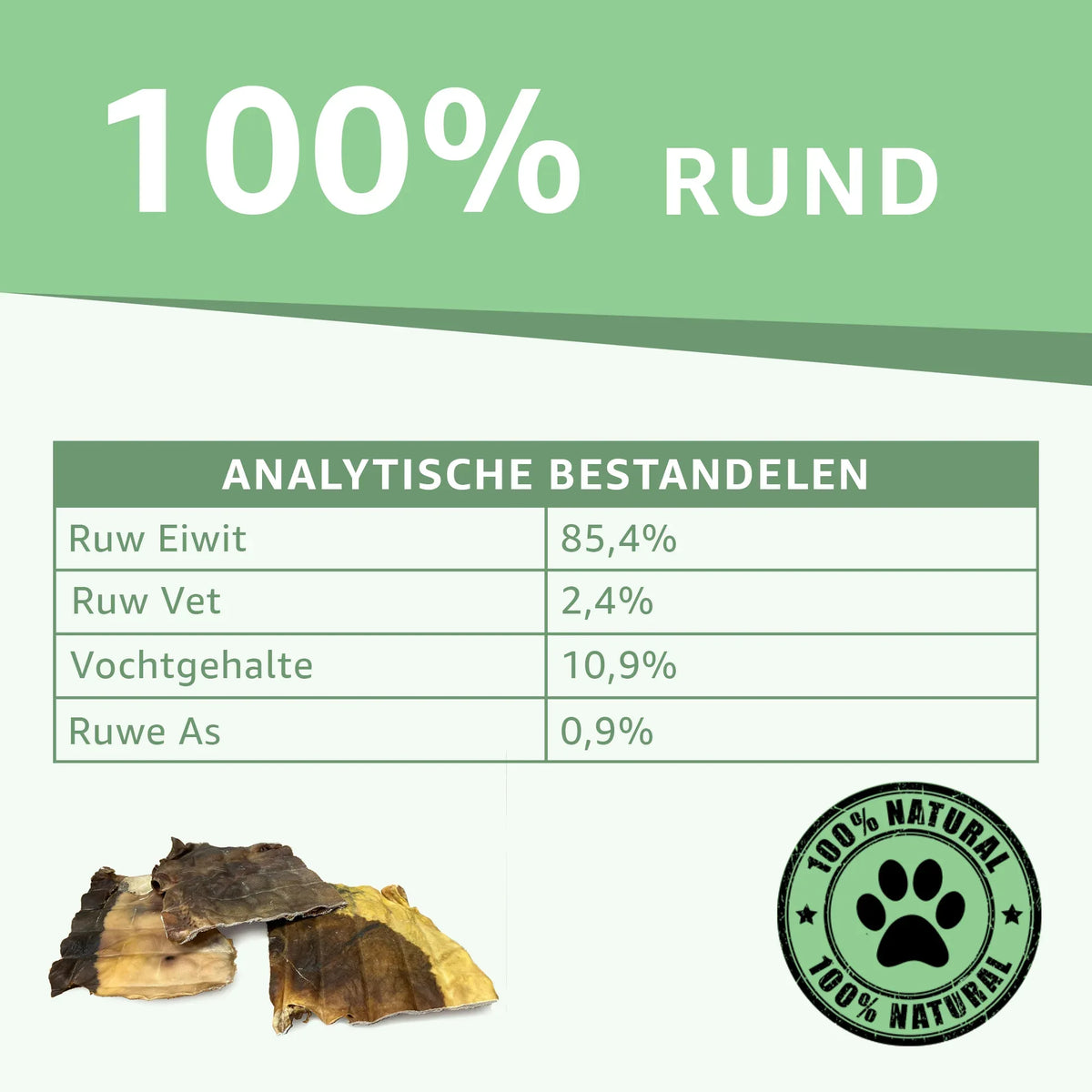 Analytische bestanddelen Runderkophuid Platen: ruw eiwit, ruw vet, vochtgehalte en ruwe as