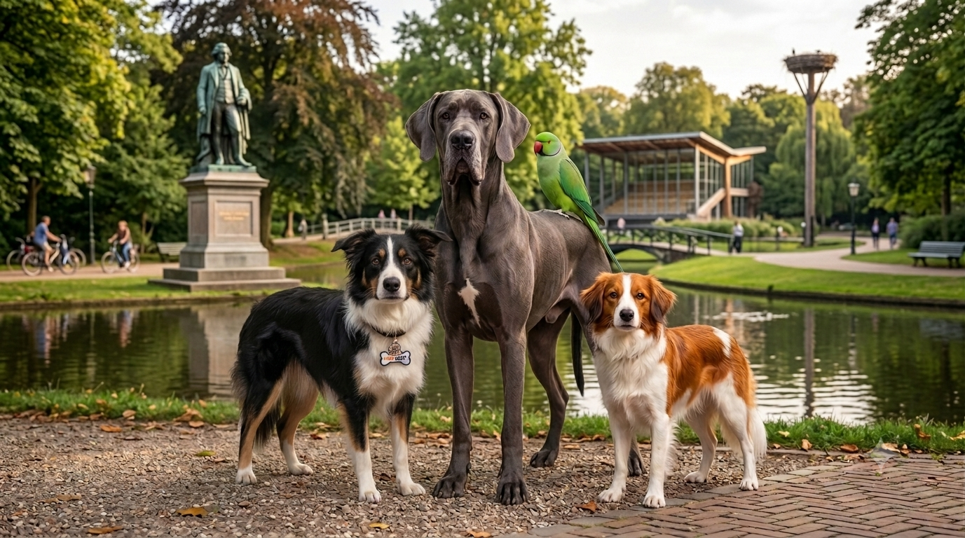 Foto van de bekende hond Johnson met zijn 3 andere vriendjes. 2 zijn andere honden genaamd Muis (Great Dane) en Fien. Ook is de parkiet Pim in de afbeelding.