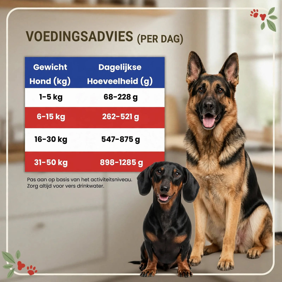 Infographic over het voedingsadvies per dag voor het nat hondenvoer rund. het gewicht van de hond en de dagelijkse hoeveelheid staan in een tabel. Daarnaast staat een Teckel en een Duitse herder.