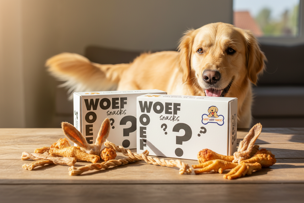 Hero banner met echte Woef Woef Snacks verpakking