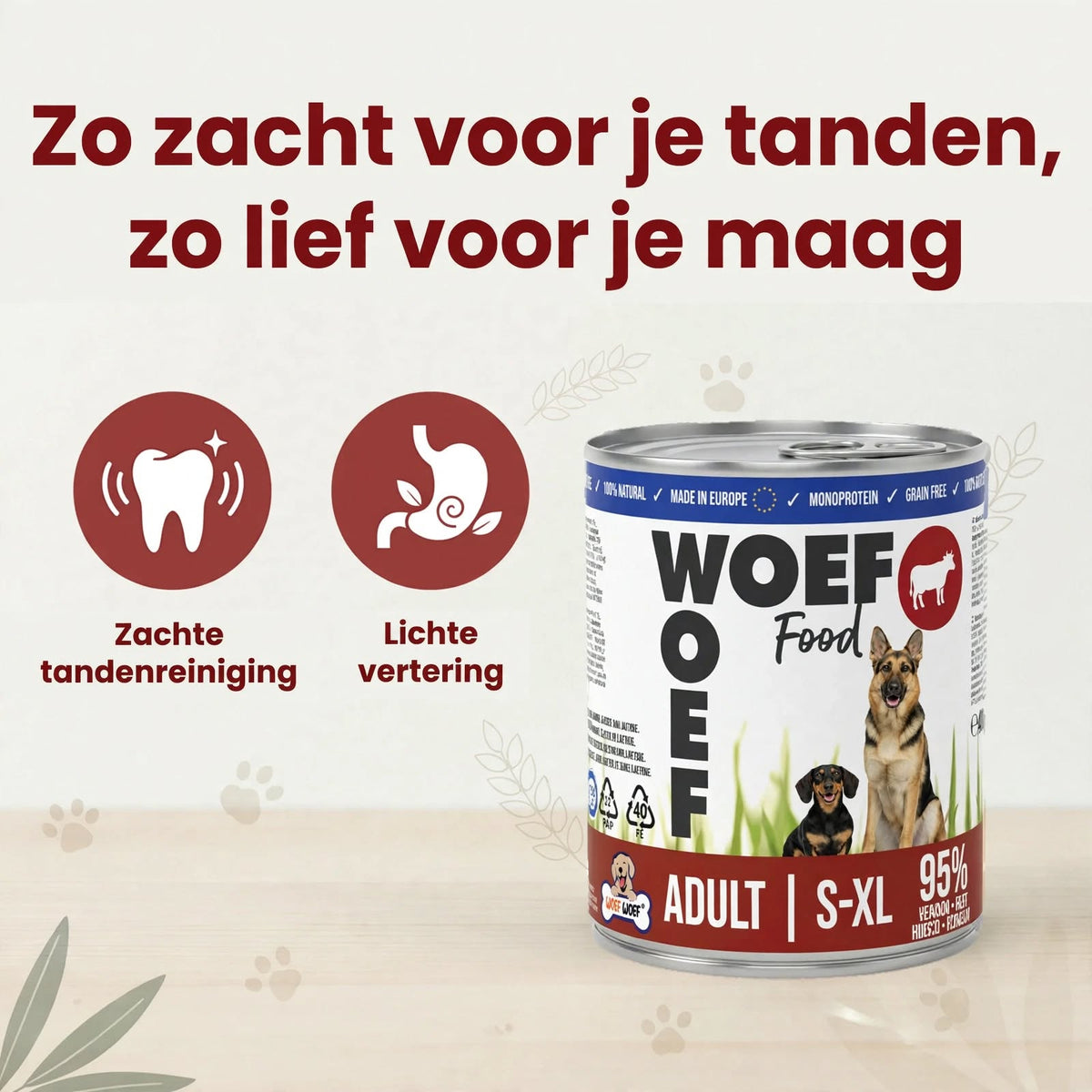 Infographic van het rund nat hondenvoer van 400 gram. Op de infographic staat de tekst: zo zacht voor je tanden, zo lief voor je maag. Naast het blik staan de voordelen: zachte tandenreiniging en lichte vertering.