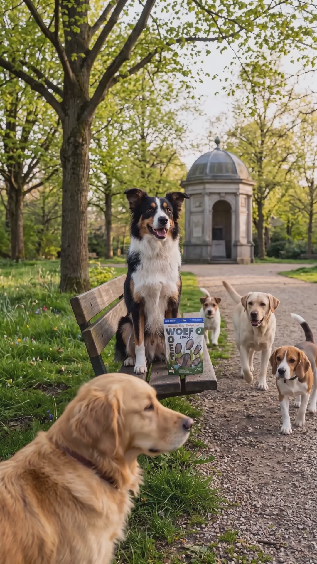 Verticale video in een park: mixed border collie Johnson zit op een bankje naast een zak Woef Woef-hondensnacks, terwijl een golden retriever, labrador, beagle en een klein hondje zich om hem heen verzamelen. Even zit hij alleen op het bankje, daarna loopt hij met de hele groep over het pad. Eindigt met het Woef Woef-logo, een 100% natural-badge en Johnson naast een zak snacks.