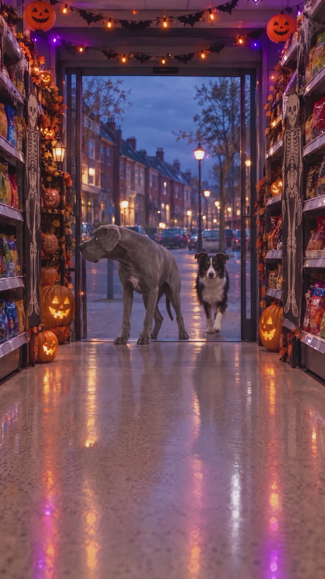 Johnson, een mixed border collie en Muis de grote grijze hond zijn in een winkel versierd voor Halloween, met pompoenen en skeletten. Muis schrikt van Pim. Johnson bekijkt de lange ingrediëntenlijst op een zak voer uit de supermarkt en ruikt daarna aan een zak WOEF WOEF hertenblokjes. Pim, een groene parkiet, zit op de schappen. Eindigt met het Woef Woef-logo, een 100% natural-badge en Johnson naast een zak hertenblokjes van Woef Woef.