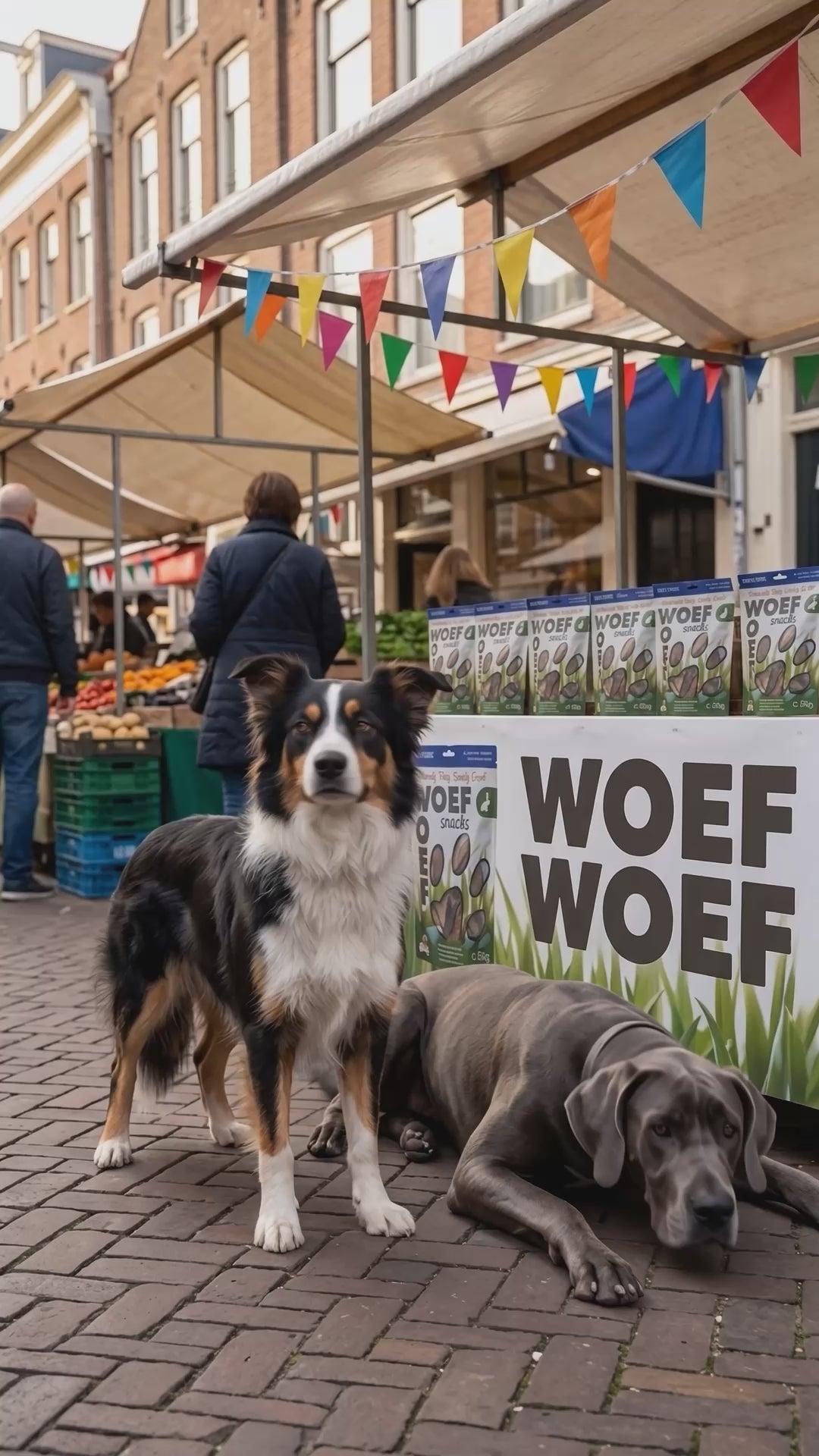 Verticale video op een Hollandse markt op Dierendag: border collie Johnson krijgt ongevraagd gezelschap van een groene halsbandparkiet die hem overal nadoet, terwijl een Duitse dog en een spaniël toekijken. Johnson probeert haar kwijt te raken, maar vindt het uiteindelijk wel vleiend. Eindigt met het Woef Woef-logo en Johnson naast een zak 100% natuurlijke hondensnacks.