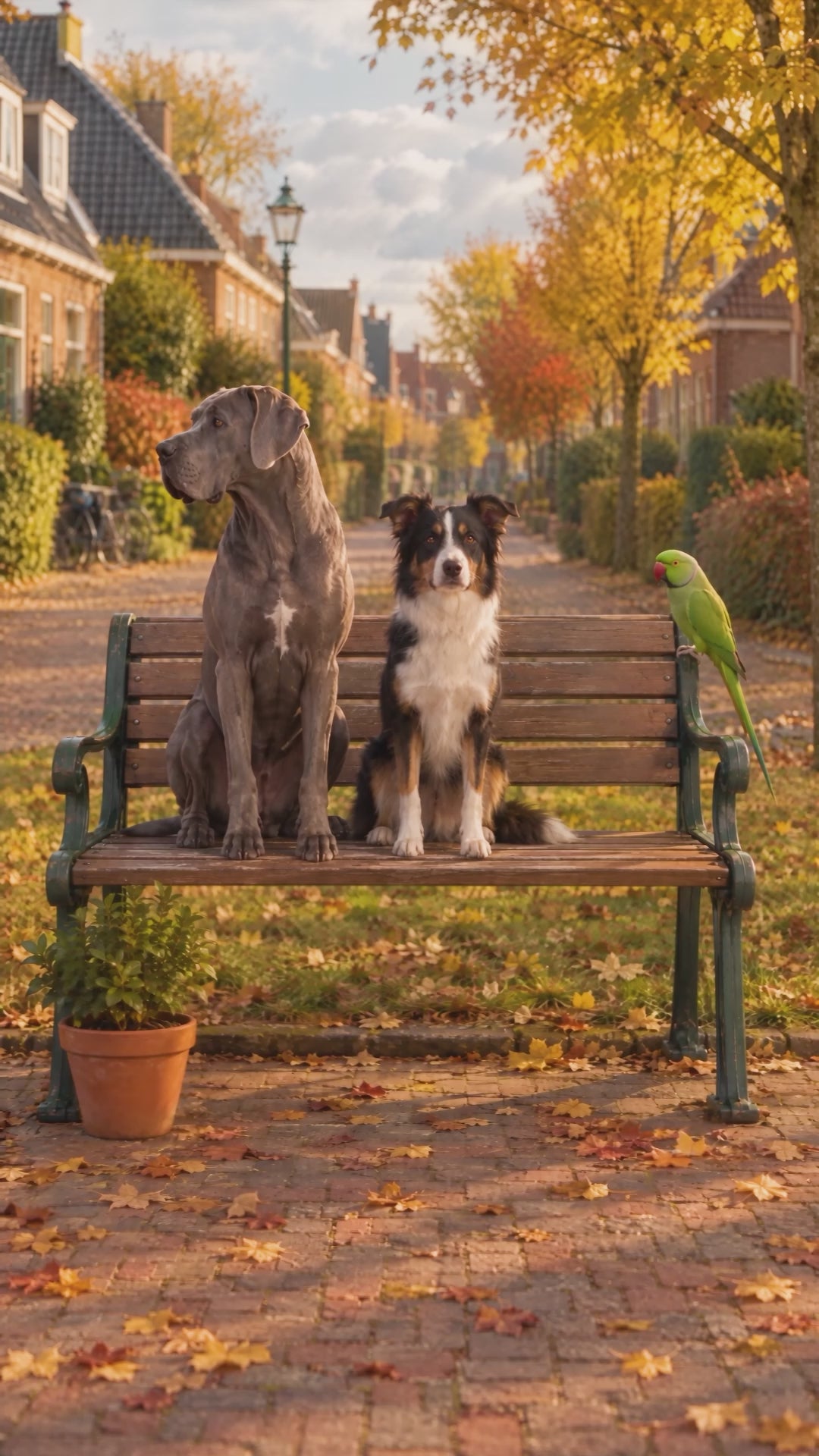 Verticale video van Johnson, een mixed border collie, en Muis een grote grijze hond op een bankje in de herfst, met Pim de groene parkiet erbij. De honden rommelen wat rond en gooien een bloempot om, maar worden rustig als er runderlongblokjes van WOEF WOEF op het bankje ligt. De honden eten de runderlongblokjes. Eindigt met het Woef Woef-logo, een 100% natural-badge en Johnson naast een zak snacks.