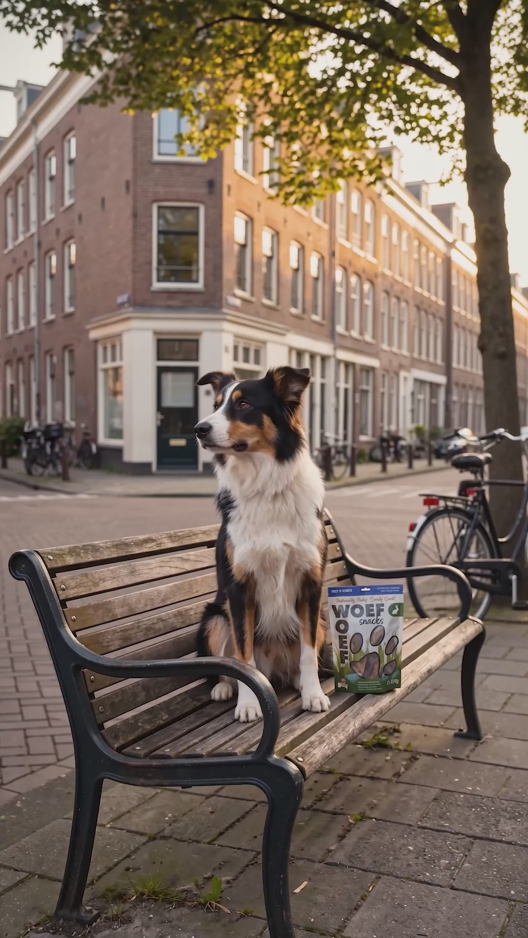 Mixed border collie Johnson zit op een bankje in een Amsterdamse straat naast een zak Woef Woef hondensnacks, tot zijn grote broer, een Duitse dog, langskomt en het hele bankje inneemt
