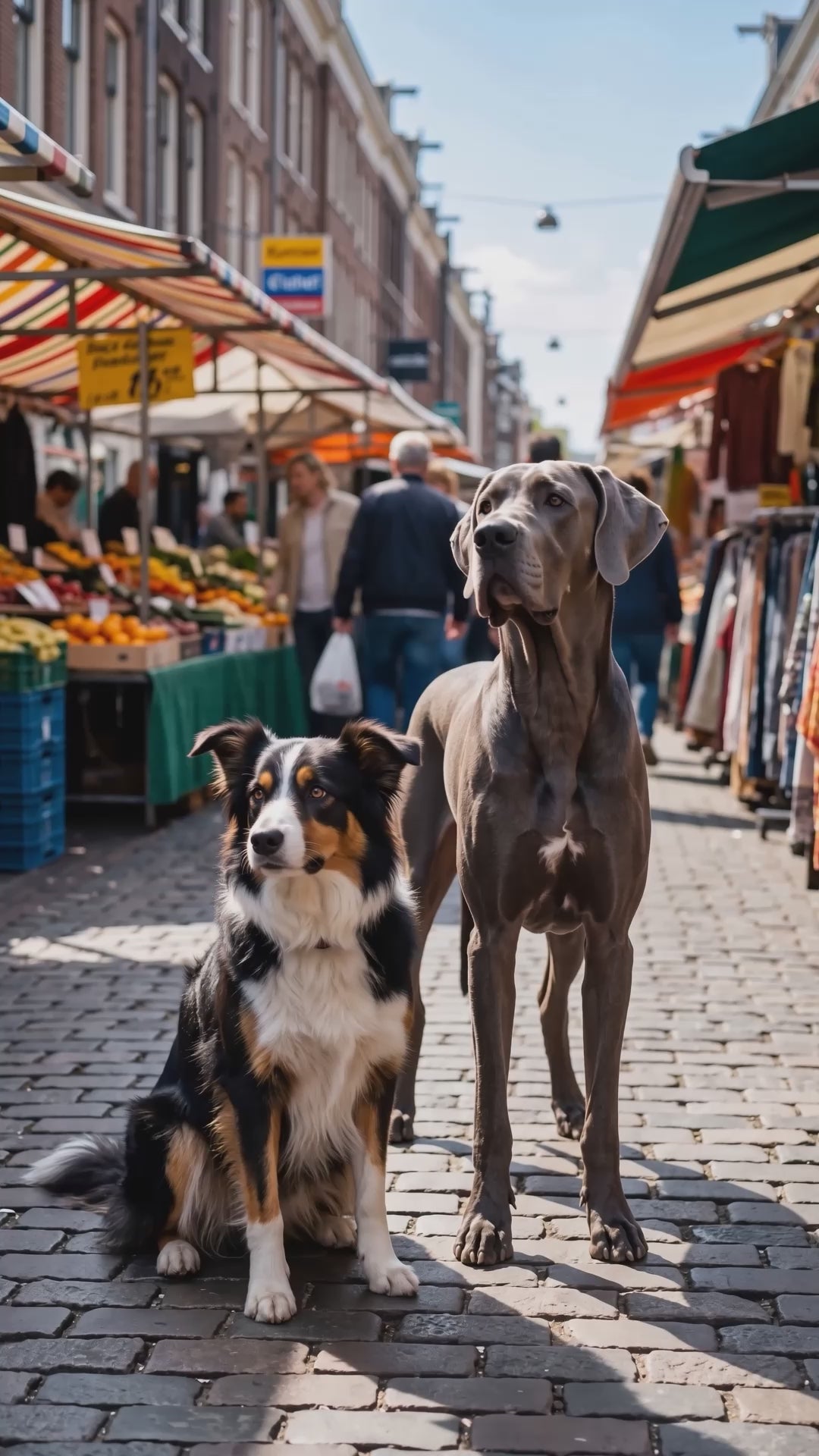 Verticale video op een Amsterdamse markt: border collie Johnson en Duitse dog Muis tussen de kramen. Muis gooit een kist en een mand fruit om en raakt in paniek, terwijl Johnson rustig blijft zitten en zich door de marktkoopman laat aaien. Eindigt met het Woef Woef-logo, een 100% natural-badge en Johnson in een grasveld bij zonsondergang.