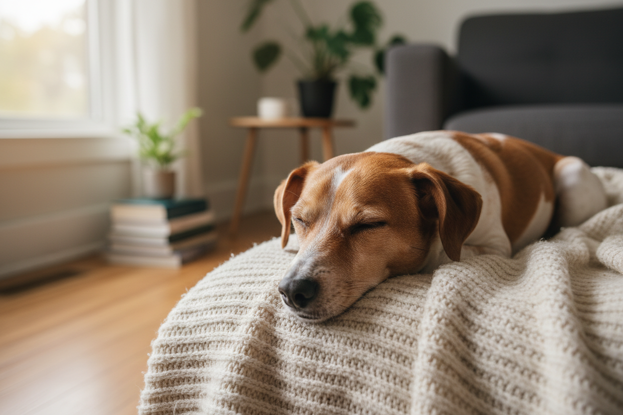 Rustige hond met glanzende vacht op deken