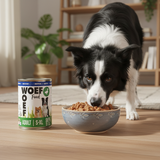 Border Collie eet Woef Woef natvoer eend uit keramisch bakje – volledig nat hondenvoer vanaf 8 maanden
