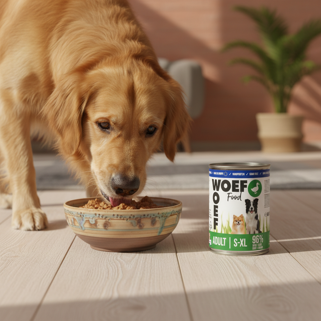 Golden Retriever eet Woef Woef natvoer eend uit voerbak – graanvrij nat hondenvoer voor volwassen honden