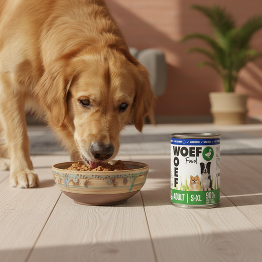 Golden Retriever eet Woef Woef natvoer eend uit voerbak – graanvrij nat hondenvoer voor volwassen honden